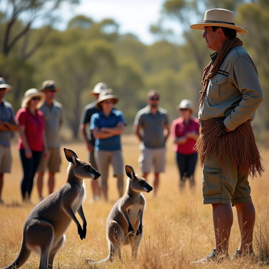 Naturalist with wallaby and visitors
